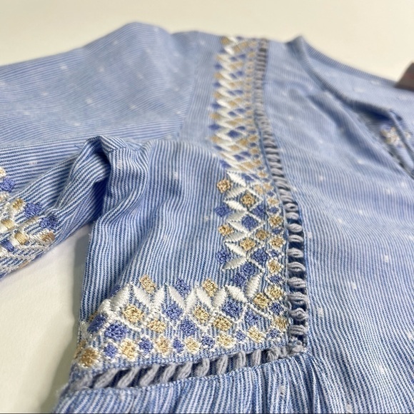 Rungolee Boho Blue Chambray Cottagecore Embroidered Bell Sleeve Tassel Dress - Picture 9 of 17